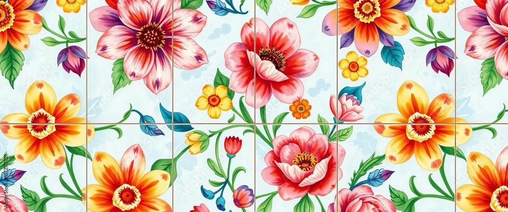 custom made wallpaper toronto digitalHand-painted watercolor majolica tile pattern, vibrant floral design, floral, seamless