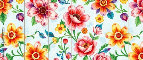 Wallpaper Mural Hand-painted watercolor majolica tile pattern, vibrant floral design, floral, seamless Torontodigital.ca
