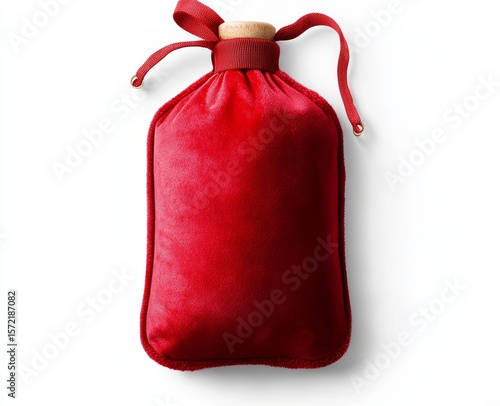 Red velvet bottle bag with wooden cork and ribbon.