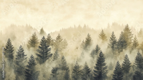 Misty landscape with a retro-style fir forest and soft, diffused light