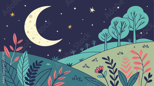 Capture the enchanting beauty of a winter night landscape with a moonlit sky, snow-covered trees, and twinkling stars, perfect for Christmas and New Year holiday designs