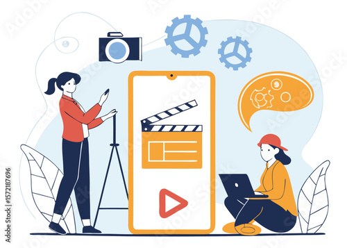 Flat Vector Illustration of Video Production Team Meeting for Planning and Collaboration in Creative Video Making Process