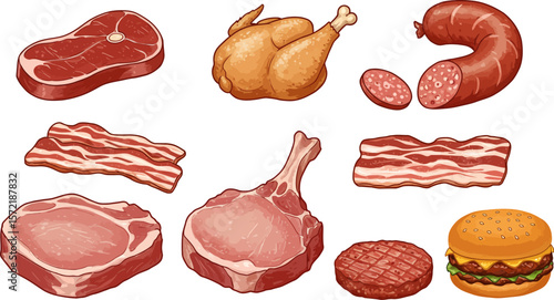 Illustration of various meats including steak chicken sausage bacon pork chop and burger for cooking
