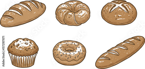 Assorted bakery goods illustration featuring bread roll muffin and donut for food lovers and bakers alike