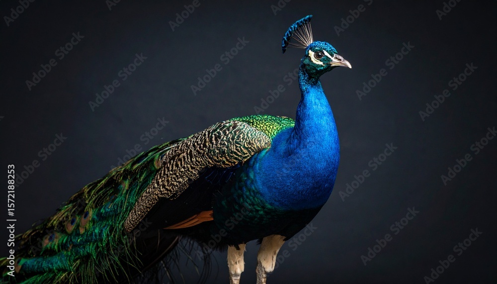 Obraz premium A peacock with vibrant plumage, presented against a dark backdrop.