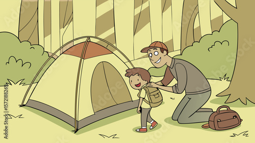 Couple with child enjoying summer camping adventure in an outdoor tent