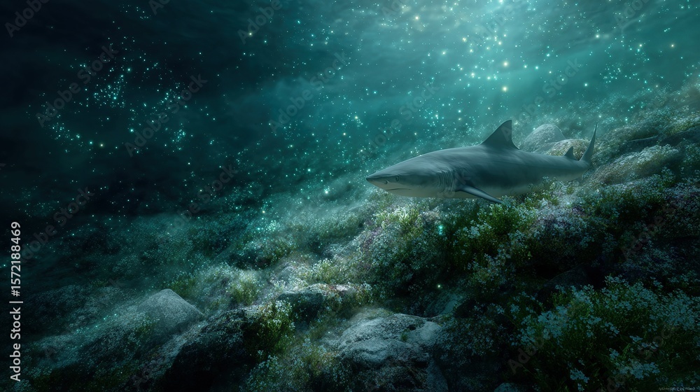 Fototapeta premium Shark swims past glowing algae on the ocean floor with celestial light from above