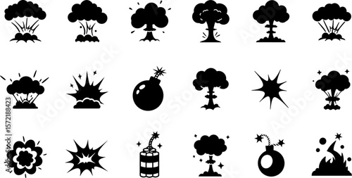 Explosion bomb vector icon set, cartoon explosion, bomb icon, burst effect, dynamite icon, fire icon set