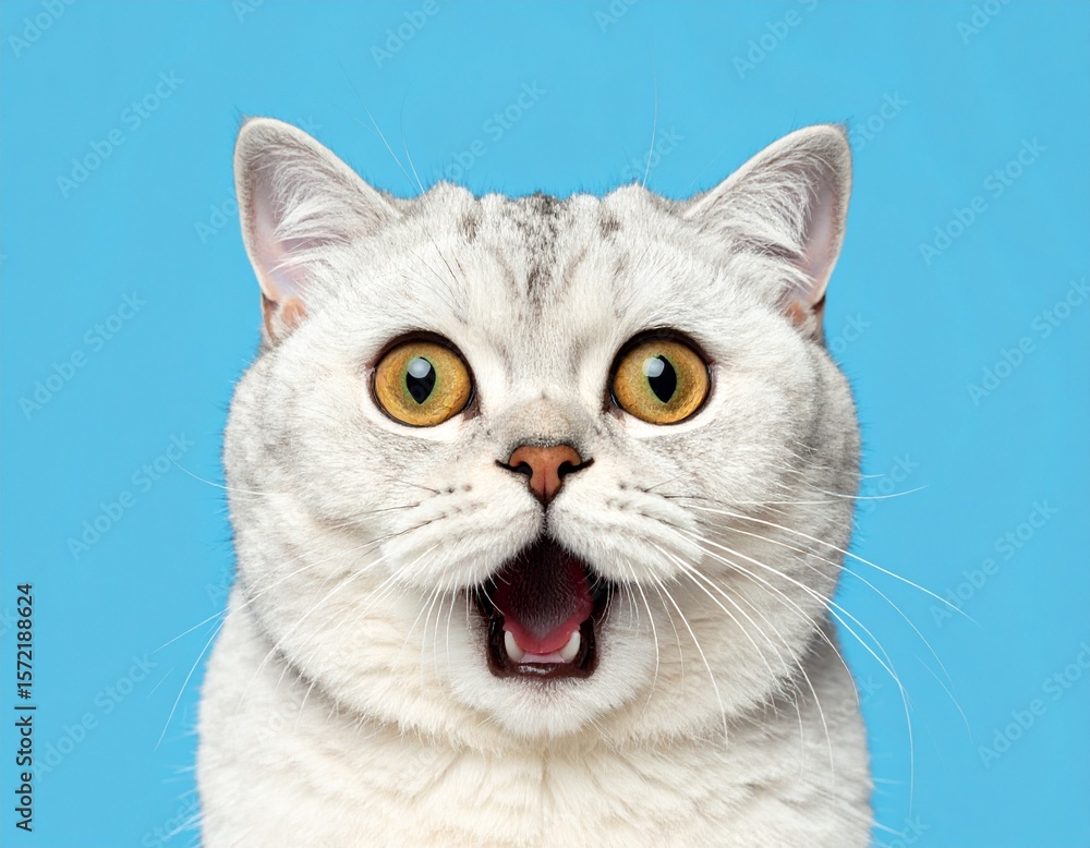 Fototapeta premium A surprised silver tabby cat with wide eyes and an open mouth against a light blue background.