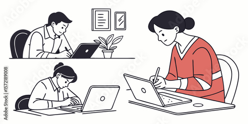 Three people working on laptops and writing at desks isolated on white background