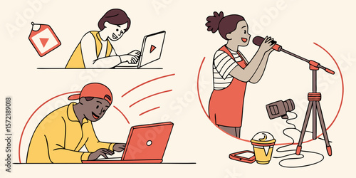 Diverse people creating content online using laptops and microphones isolated on white background