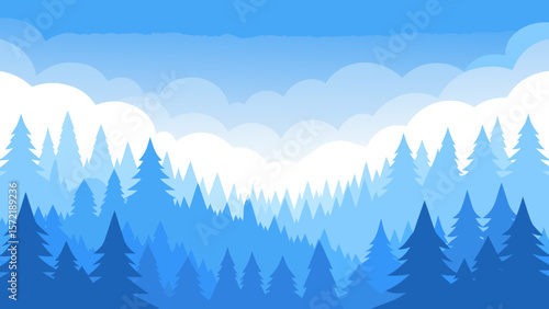 Blue sky over snow-capped mountains, a serene winter landscape with a forest of pine trees shrouded in mist and fog