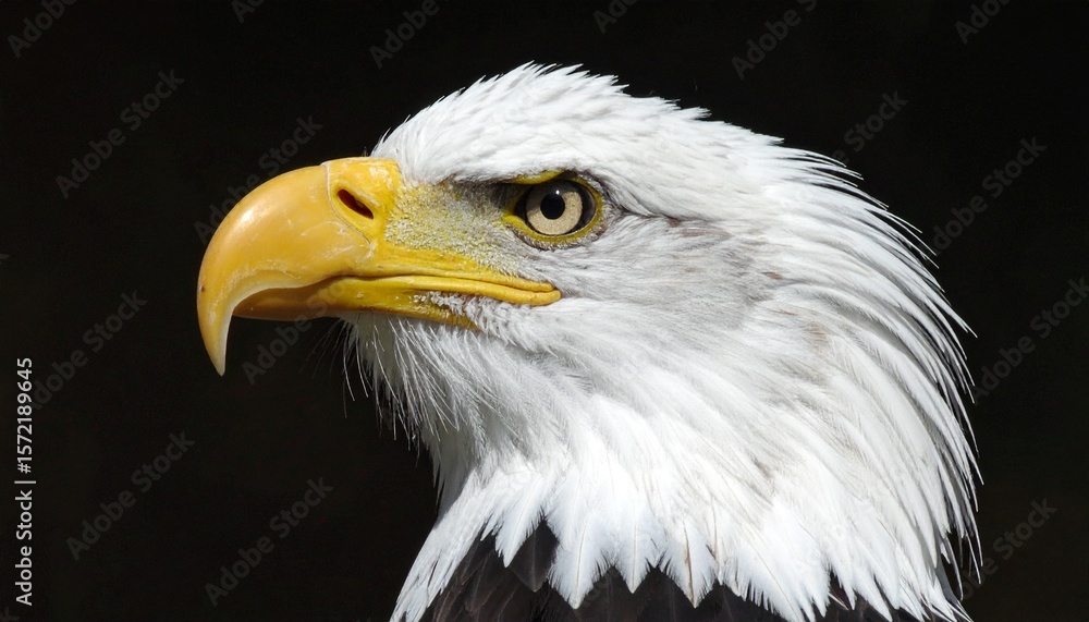 Fototapeta premium Majestic bald eagle portrait, head and shoulders, sharp focus, intense gaze, dark background.