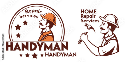 Handyman Repair Services Logo with Man and Hammer Home Improvement and Maintenance Vector Illustration