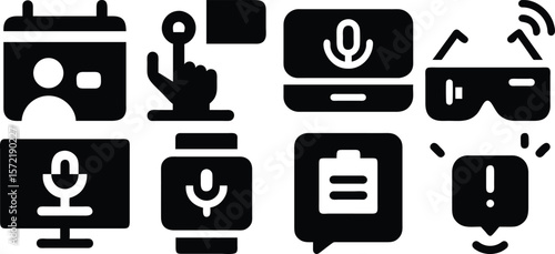 Vector art of set of communication icons including calendar, virtual reality glasses, and notification symbols, ideal for modern digital interfaces isolated on transparent background.