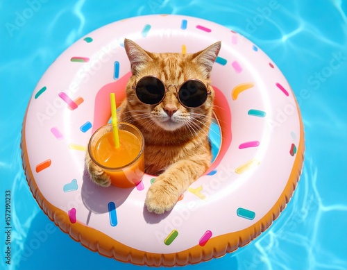 A stylish ginger cat enjoys a refreshing poolside beverage while lounging in a donut-shaped float.