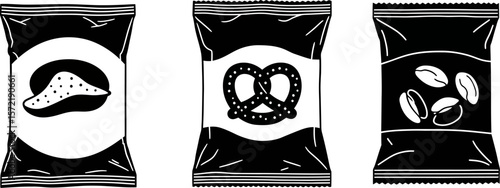 Snack bags vector illustration of chips pretzels and coffee beans in black and white packaging design