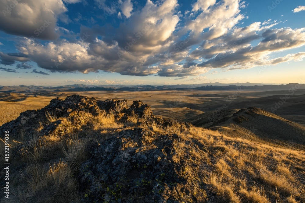 Dramatic Golden Hour Landscape Scenic View Rocky Hilltop Grassland Expansive Sky Clouds day wild Dramatic Golden Hour Landscape Scenic View Rocky Hilltop Grassland Expansive Sky Clouds day wild