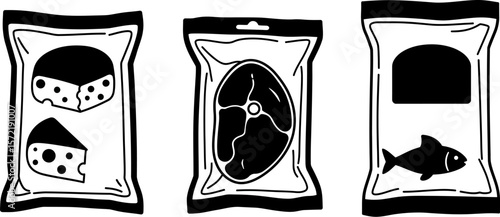 Packaged food vector illustration of cheese meat and fish for grocery store and food delivery services