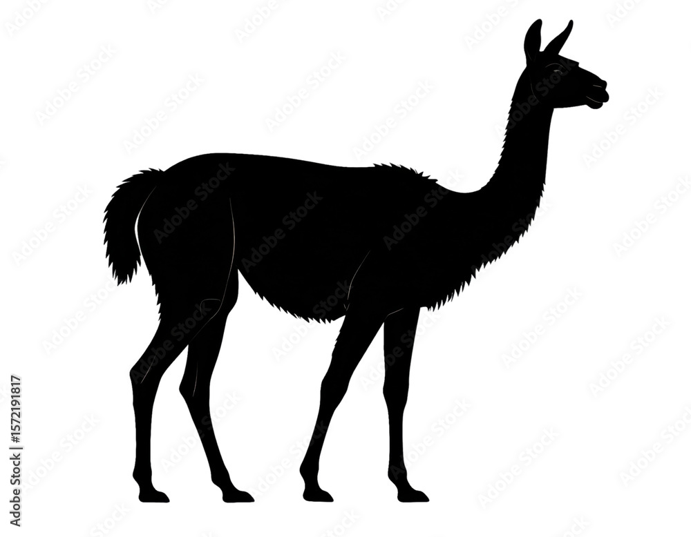 Fototapeta premium Llama silhouette in standing pose representing wildlife, South American animal, and nature symbol, isolated on white background