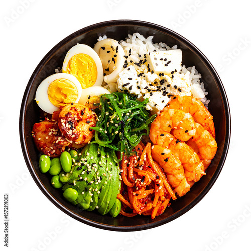 Korean Rice Dish Bibimbap with Seafood in Rustic Setting