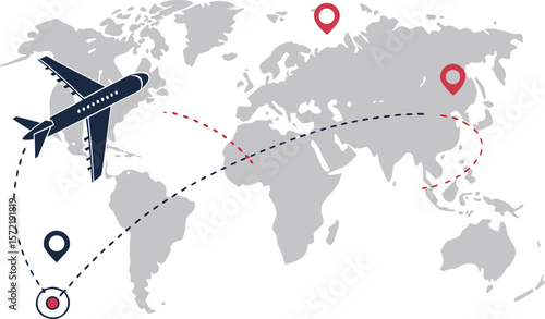 tourism and travel concept. plane travelling from start point to end point with dotted line tracing. trip planning vector symbol on transparent background.icon set, travel destinations, 