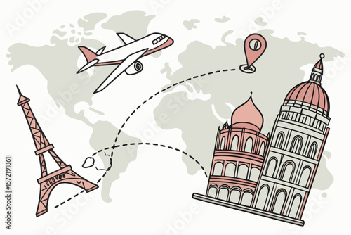 tourism and travel concept. plane travelling from start point to end point with dotted line tracing. trip planning vector symbol on transparent background.icon set, travel destinations, 
