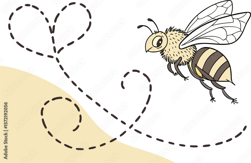 Obraz premium flying bee. honey bee fly on dotted heart shaped line path. transparent png and vector illustration.insect, bee, illustration, cute, black and white, clip art, flight, fly, graphic, horizontal, 