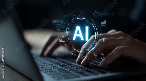 AI agent supporting business processes with automation technology. Generative artificial intelligence analyzing data and predicting future. Businessman using laptop computer.