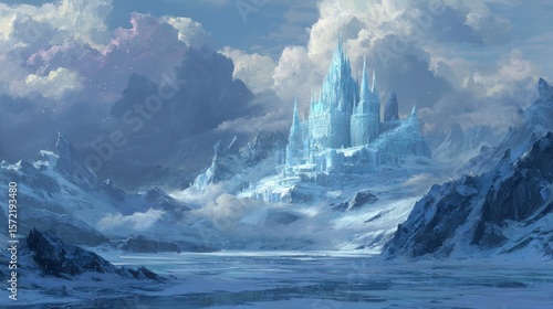 Fantasy castle in snowy mountains with ice architecture illustration