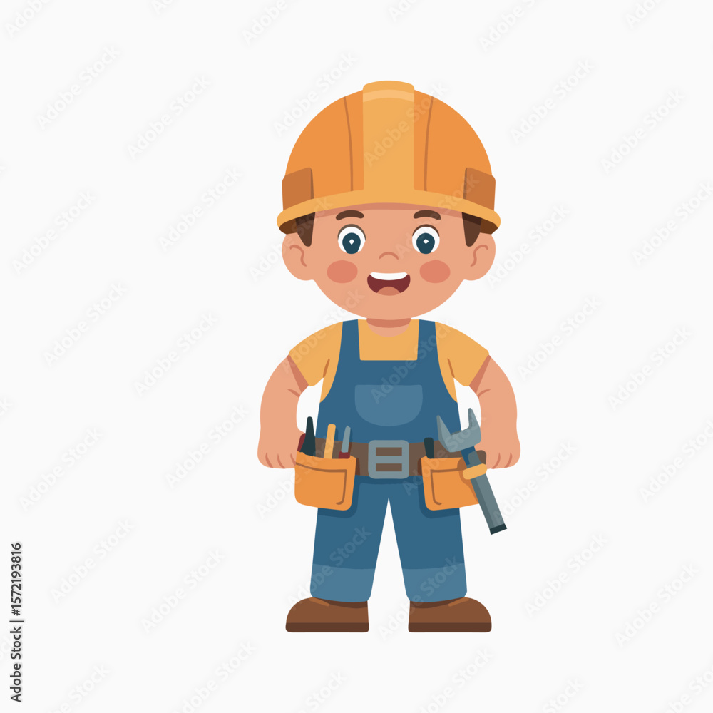 Fototapeta premium Cartoon construction worker vector illustration of a handyman builder with tools and hard hat drawing design