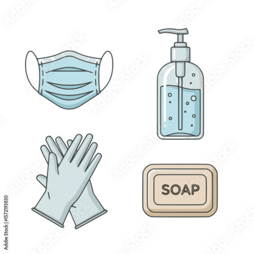 Essential hygiene items for infection prevention: face mask, hand sanitizer, gloves, and soap.