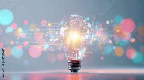 A creative representation of an idea explosion with a transparent light bulb at the center surrounded by glowing