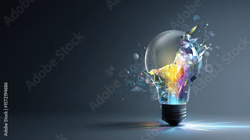A futuristic design showing a cracked-open light bulb with energy beams and color fragments exploding outward surrounded by