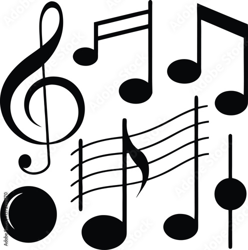 Collection of black musical notes and symbols including a treble clef and staff isolated on transparent background silhouette