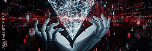 A glowing polygonal data funnel floats above robotic hands surrounded by drifting binary code streams and encrypted icons