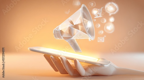 A hand reaching out of a glowing smartphone screen holding a translucent geometric megaphone that projects floating icons