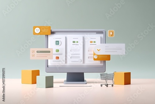 A high-tech workspace layout showing a computer screen with an e-commerce dashboard surrounded by animated digital elements such