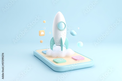 A minimalist design a white rocket lifting off from a pastel-colored smartphone interface surrounded by flat-style icons sparkles
