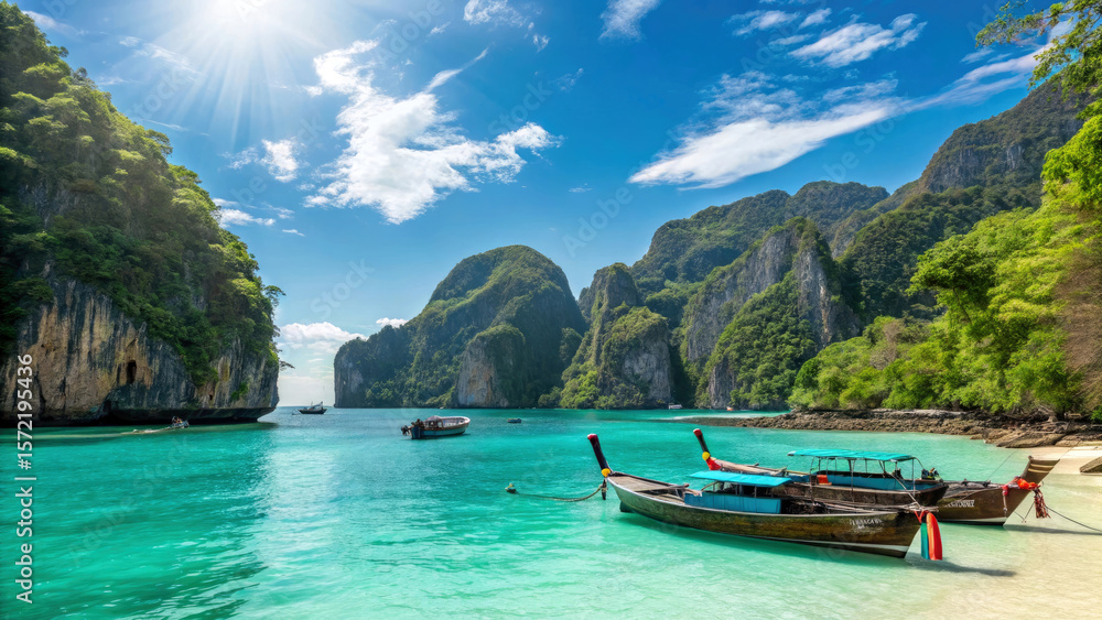 Obraz premium Water and Lush Cliffs in Serene Thai Seascape