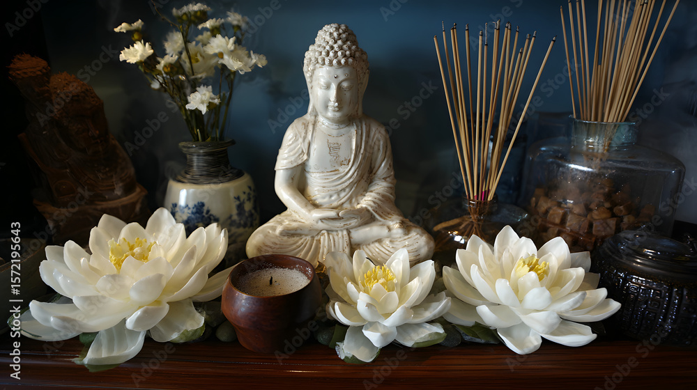 Obraz premium White Lotus Day, Buddha altar with white lotus flowers and incense sticks