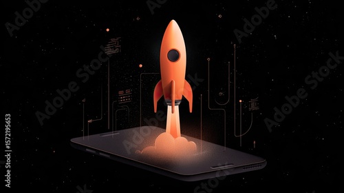 A retro-inspired sci-fi rocket glowing orange takes off from a flat smart device set against a cosmic backdrop