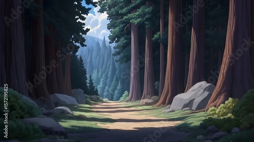 Serene Pathway Through Majestic Redwood Forest Sunlight Dappled Trail in Lush Nature