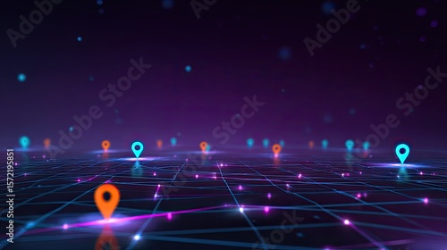 A sleek and minimalist map interface glowing with vibrant cyan and orange markers set above a reflective black