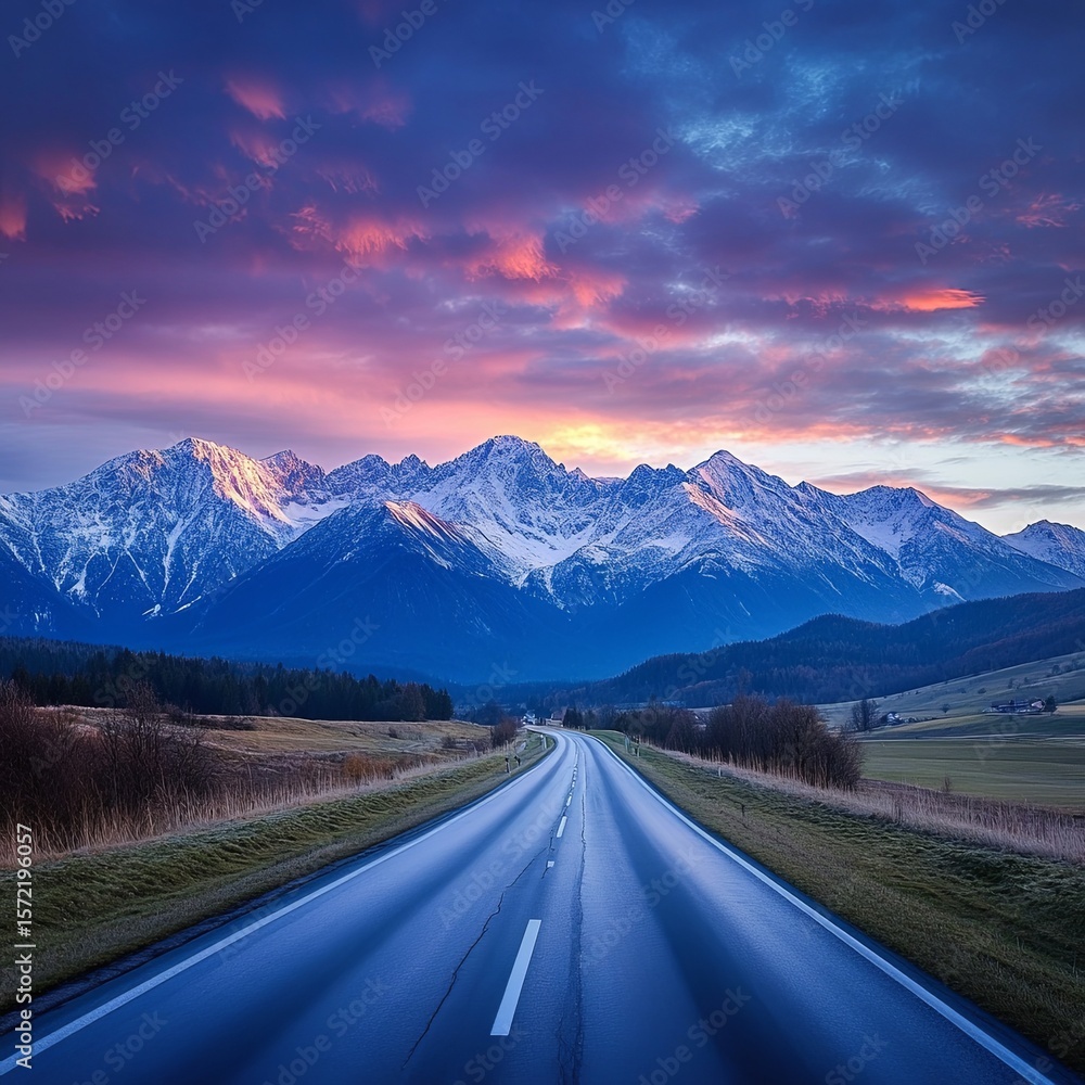 Fototapeta premium Panorama view of the High Tatra mountains with mount Krivan and a local highway in Slovakia at sunset
