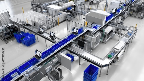 Modern Automated Warehouse Conveyor System with Blue Storage Bins and Computers