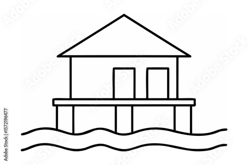 Simple house on stilts over water waves