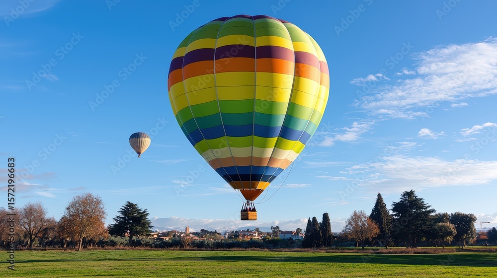 Obraz premium A park with a distant hot air balloon, a product in sharp focus below, adventurous vibe and copy space above.