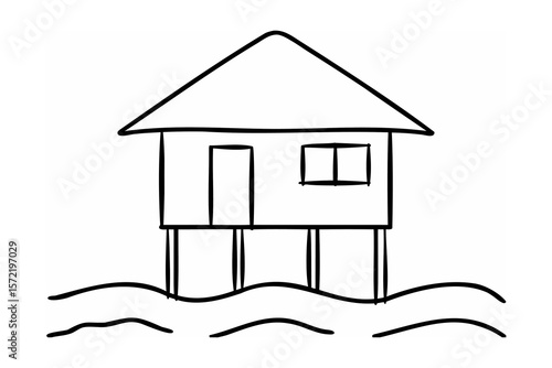 Simple house on stilts over water waves drawing