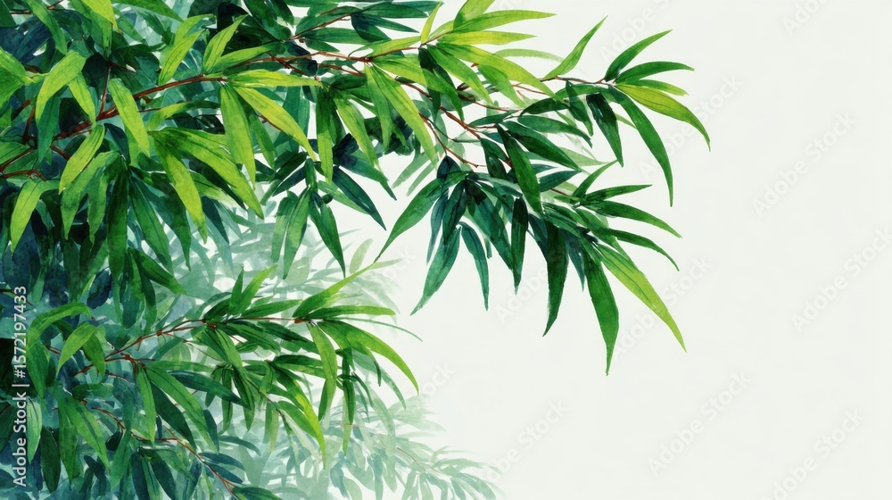 Naklejka premium Vibrant green bamboo leaves gently sway against a soft, blurred background. This natural display captures the essence of peace and tranquility in a calming environment.